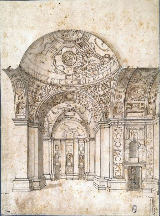 FN14235_jpg Artista romano secondo quarto XVI secolo: copia da Giulio Romano Veduta dell’interno della loggia di Villa Madama matita, penna, inchiostro bruno acquarellato FN 14235