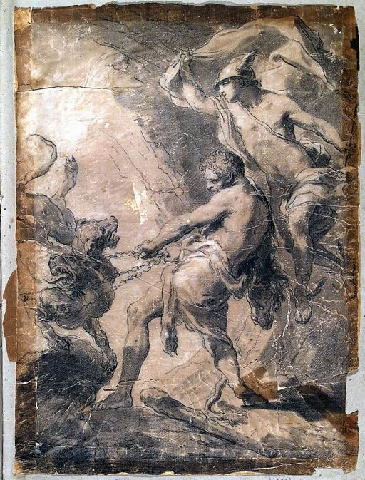 FN14272_jpg Gaetano Gandolfi (San Matteo della Decima, Bologna 1734 - Bologna 1802) Ercole incatena Cerbero alla presenza di Mercurio disegno preparatorio per il dipinto già Bologna, collezione privata matita, carboncino, sfumino, gessetto bianco su carta ocra