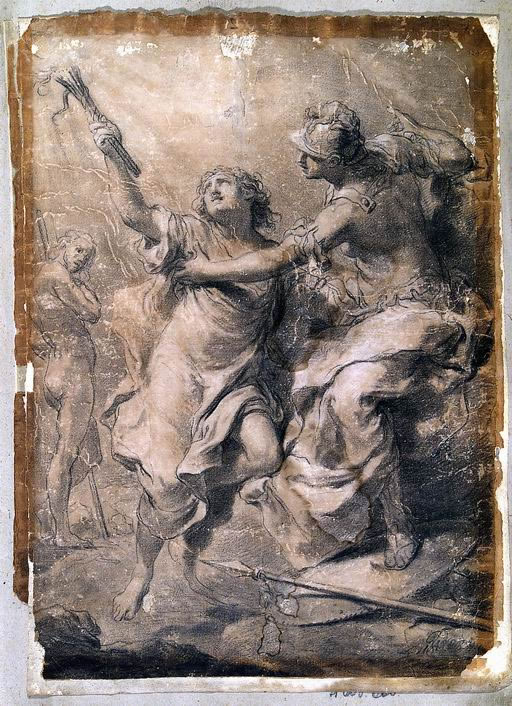 FN14273_jpg Gaetano Gandolfi (San Matteo della Decima, Bologna 1734 - Bologna 1802) Prometeo ruba una scintilla al sole matita, carboncino, sfumino, gessetto bianco su carta ocra