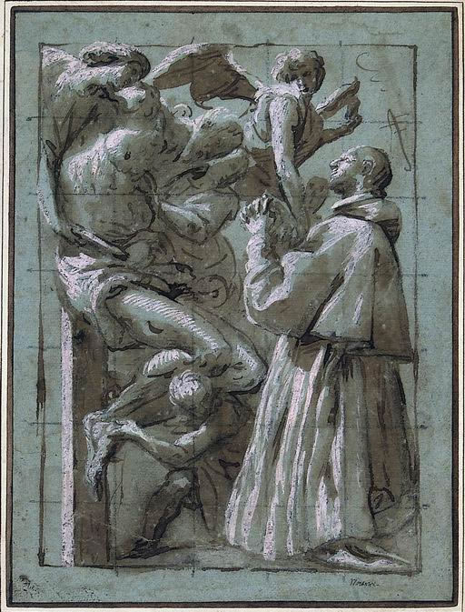 FN14449_jpg Pier Francesco Mazzucchelli detto il Morazzone (Morazzone, Varese 1573 - Piacenza 1626?) Cristo deposto dalla croce sorretto dagli angeli e adorato da San Carlo Borromeo penna, inchiostro bruno acquarellato, biacca su carta azzurra, quadrettata a matita