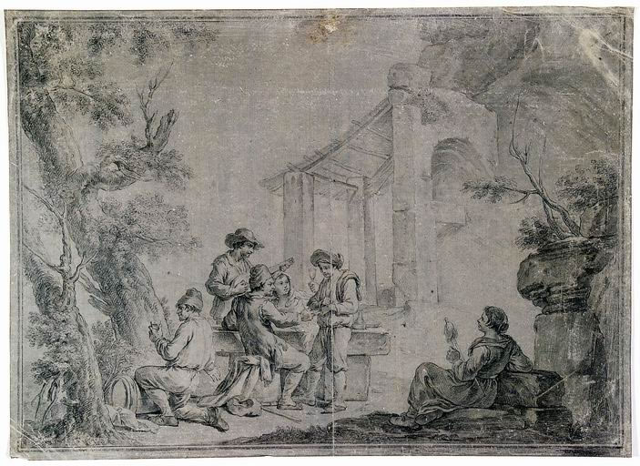 FN14627_jpg aolo Monaldi (Roma 1710? - post 1779) Paesaggio con giocatori di morra matita su carta preparata grigia