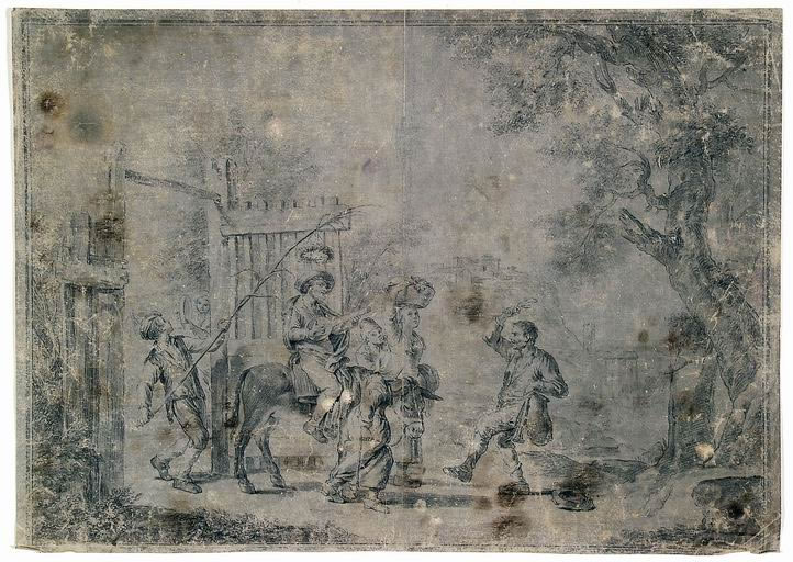FN14628_jpg Paolo Monaldi (Roma 1710? - post 1779) Paesaggio con contadini matita su carta preparata grigia