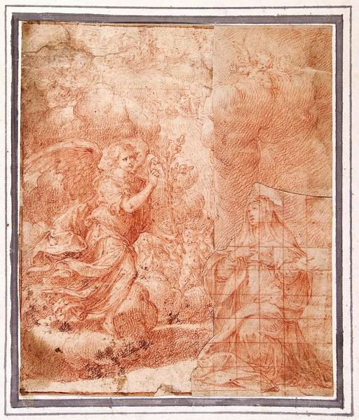 FN14723_jpg Camillo Procaccini (Bologna 1561 - Milano 1629) L’Annunciazione disegno preparatorio per il dipinto nel Seminario di Venegono (Milano) sanguigna, parte destra su altro foglio incollato, come pure la figura della Vergine su un frammento, ritagliato e quadrettato