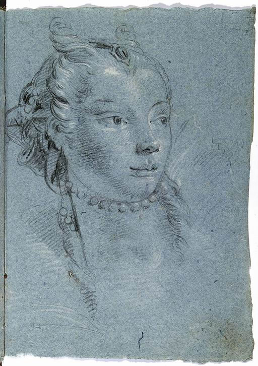 FN15045_jpg Francesco Lorenzi (Mazzurega, Verona 1723 -Verona 1787) Cleopatra copia dal disegno di Giambattista o Giandomenico Tiepolo per un particolare dell’affresco con L’incontro tra Antonio e Cleopatra, Venezia, Palazzo Labia matita, gessetto bianco su carta azzurra