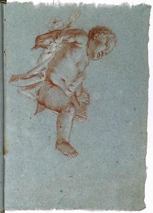 FN15051_jpg Francesco Lorenzi (Mazzurega, Verona 1723 - Verona 1787) Bambino Gesù copia da un disegno di Giandomenico Tiepolo tratto da un perduto disegno di Giambattista Tiepolo per il dipinto San Giuseppe e il Bambino Gesù, New Orleans, Museum of Art sanguigna, gessetto bianco su carta azzurra