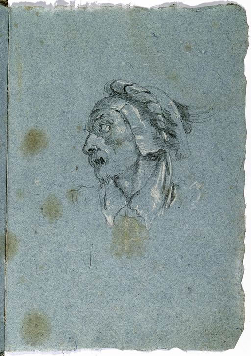 FN15061_jpg Francesco Lorenzi (Mazzurega,Verona 1723-Verona 1787) Testa di carnefice copia dalla sesta stazione della Via Crucis dipinta da Giandomenico Tiepolo, Venezia, Oratorio del Crocefisso matita, gessetto bianco su carta azzurra