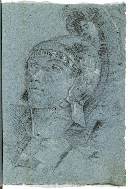 FN15086_jpg Francesco Lorenzi (Mazzurega, Verona 1723 -Verona 1787) Antonio copia dal disegno di Giambattista o Giandomenico Tiepolo per un particolare dell’affresco con L’incontro tra Antonio e Cleopatra, Venezia, Palazzo Labia matita, gessetto bianco su carta azzurra