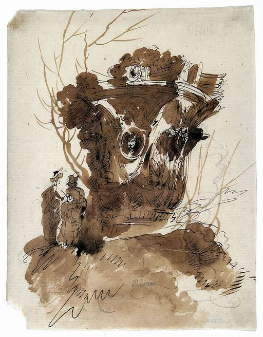 FN15230_jpg Giuseppe Bernardino Bison (Palmanova, Udine 1762 - Milano 1844) Viandanti al cospetto di un capitello matita, penna, inchiostro bruno acquarellato