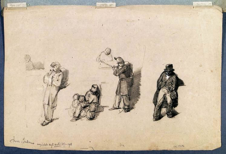FN15496v_jpg Domenico Induno (Milano 1815 - 1878) Studi di soldati e figure maschili (verso) carboncino, gessetto bianco su carta ocra