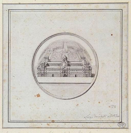 FN15716_jpg Luigi Vanvitelli (Napoli 1700 - Caserta 1773) La Reggia di Caserta disegno preparatorio per la medaglia celebrativa della costruzione della Reggia di Caserta (1751) matita, penna, inchiostro nero acquarellato grigio