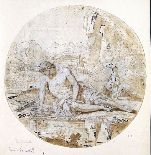 FN15922_jpg Giovan Battista Dell’Era (Treviglio, Bergamo 1765 - Firenze 1799) disegno preparatorio per il dipinto Narciso alla fonte matita nera, penna inchiostro bruno acquerellato, biacca