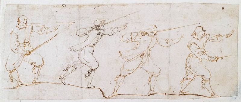 FN16616_jpg Stefano Della Bella e scuola toscana prima metà XVII secolo (Firenze 1610 - 1664) Studio di spadaccini penna, inchiostro bruno e marrone