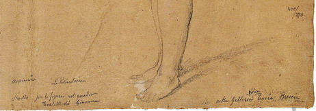 fig. 5 Particolare di un disegno di Andrea Appiani dalla collezione di Francesco Dubini (esposto in mostra, cat.75), dove sono visibili le sue note autografe, con la caratteristica frazione numerica corrispondente alle dimensioni del foglio