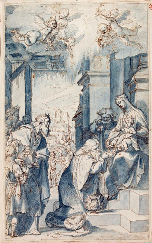 Ludovico Cardi detto il Cigoli - Adorazione dei Magi (1603-1605), carta bianca, acquerello azzurro/penna inchiostro bruno