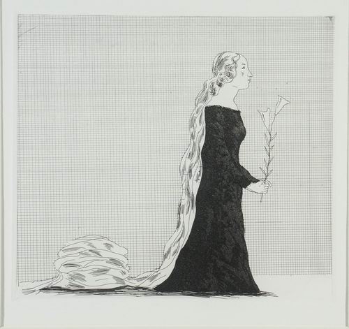 David Hockney, The older Rapunzel Raperonzolo da grande da Illustations for Six Fairytales from the Brothers Grimm 1969