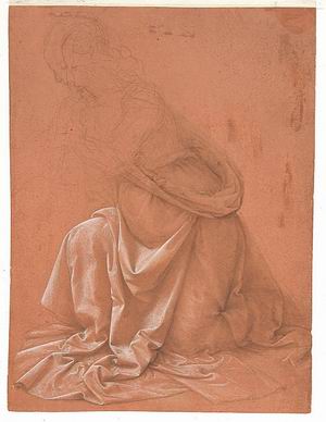 1_02 Leonardo da Vinci (Vinci 1452 - Amboise 1519) Studio di panneggio Punta metallica, biacca su carta preparata rosso cinabro