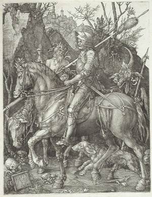 Albrecht Dürer (Norimberga 1471 - 1528) Il cavaliere la morte e il diavolo, 1513 Bulino