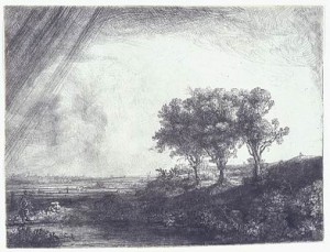 Rembrandt Harmensz van Rijn (Leida 1606 - Amsterdam 1669) Paesaggio con tre alberi, 1643 Acquaforte, puntasecca e bulino