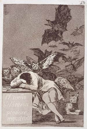 1_14 Francisco Goya y Lucientes (Fuentetodos 1746 - Bordeaux 1828) El sueño de la razòn produce monstruos (Il sonno della ragione produce mostri), da I Capricci, 1796 - 1799 Acquaforte e acquatinta