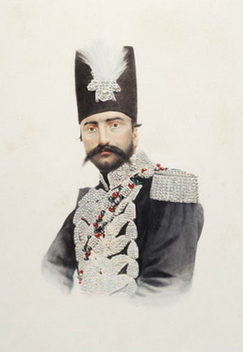 Luigi Montabone Ritratto di Nâseroddin Shah, 1862 carta salata miniata a colori Torino, Biblioteca Reale, dallalbum "Ricordi del Viaggio in Persia della Missione Italiana 1862"