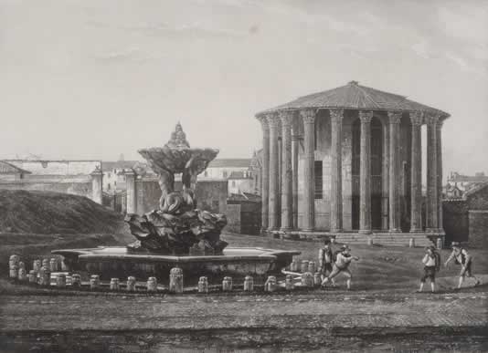 Frédéric Martens, Tempio di Vesta,1841-1842, acquatinta da dagherrotipo (dalla serie Excursions daguerriennes…, Paris, N.M.P. Lerebours, 1841-1843)