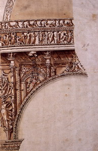 Luzio Luzzi (Todi 1510? – Roma, post novembre 1575) Studio dalla decorazione a stucco del Colosseo Traccia di matita, penna, inchiostro bruno acquerellato, traccia di cromia rossa su carta bianca, mm. 398×260