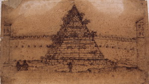 Etienne Du Pérac (Parigi? 1520 ca. – 1604?) Piramide Cestia Penna, inchiostro metallo-gallico su carta vergata,  mm. 246×406