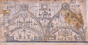Luzio Luzzi (Todi 1510? – Roma, post novembre 1575) Studio per la decorazione di una loggia Traccia di matita e acquerello azzurro su carta bianca,  mm. 180×330