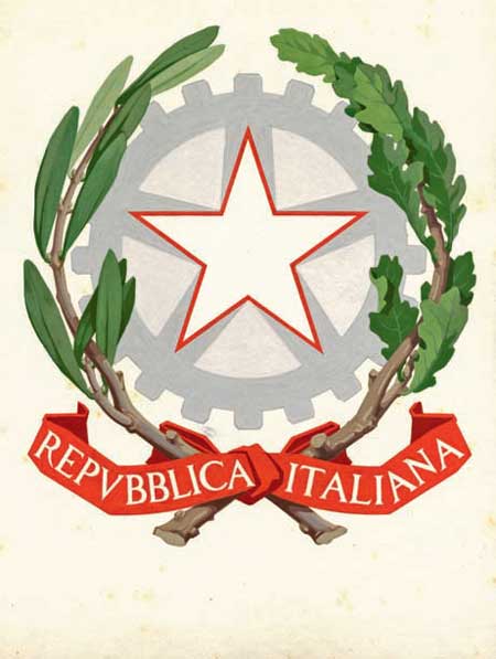 Bozzetto dell’emblema della Repubblica. 18 aprile 1948, tempera colorata, tracce di matita su cartone, 442x408, nel cartiglio REPUBBLICA ITALIANA; in basso a destra il simbolo di Paolo Paschetto seguito dalla data, 18 aprile 1948, (ACS, Presidenza del Consiglio dei ministri, Gabinetto, 1948-50, fasc. 3.3.2/12484 Concorso per l’emblema della Repubblica)