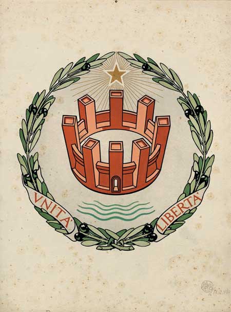 Bozzetto dell’emblema della Repubblica. 18 febbraio 1947, Tempera colorata su cartone, 400x337, nel cartiglio UNITÀ LIBERTÀ; in basso a destra il simbolo di Paolo Paschetto seguito dalla data, 18.2.1948, (ACS, Presidenza del Consiglio dei ministri, Gabinetto, 1948-50, fasc. 3.3.2/12484 Concorso per l’emblema della Repubblica)