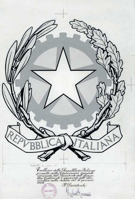 Bozzetto dell’emblema della Repubblica. Roma 1 febbraio 1948, china, tempera, tracce di matita su cartone, 463x410, nel cartiglio REPUBBLICA ITALIANA; sotto l’immagine è riportata a matita l’indicazione: ridotto a cm 11; in basso iscrizione firmata: Emblema della Repubblica Italiana prescelto dalla Commissione speciale nominata dal Presidente dell’Assemblea Costituente e approvato dall’Assemblea nella seduta del 31 gennaio 1948. Il Presidente Umberto Terracini; timbro a secco dell’Assemblea Costituente; in basso a destra il simbolo di Paolo Paschetto seguito dalla data, 1 febbraio 1948 (ACS, Presidenza del Consiglio dei ministri, Gabinetto, 1948-50, fasc. 3.3.2/12484 Concorso per l’emblema della Repubblica)