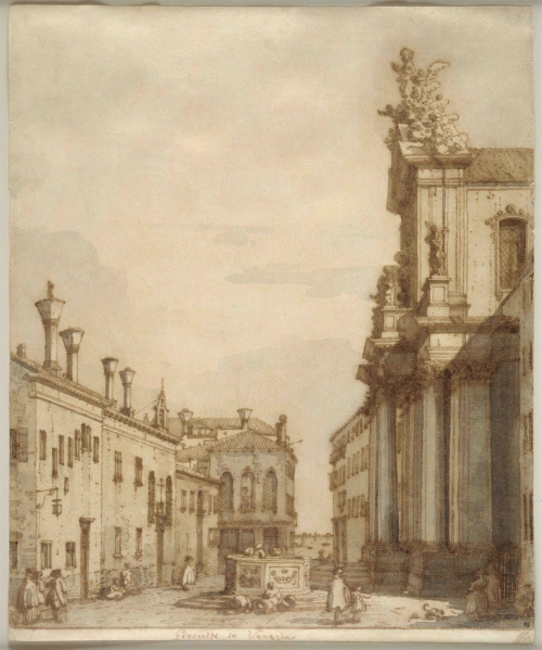 <strong>Giovanni Antonio Canal</strong> detto <strong>Canaletto</strong> Venezia 1697 - 1768 <em>Venezia. Campo dei Gesuiti con la chiesa di Santa Maria della Salute</em> secondo quarto del XVIII secolo - penna, inchiostro bruno, inchiostro acquerellato grigio e bruno - collezione Sergei Tchoban