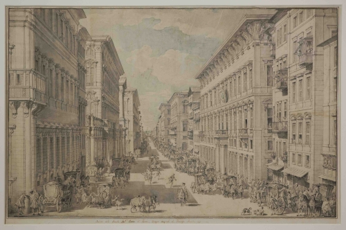 <strong>Francesco Panini</strong> Roma 1738 - 1800 <em>Roma. Veduta di via del Corso</em> 1770 ca. - penna, inchiostro nero, inchiostro grigio acquerellato - Roma, Istituto centrale per la grafica