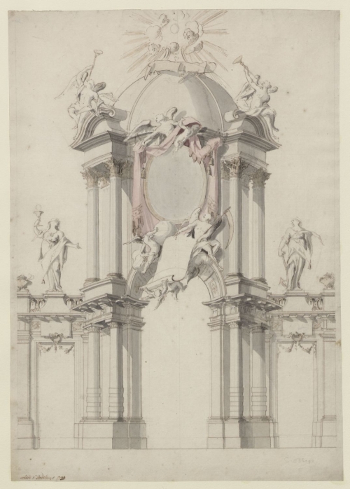 ANONIMO, precedentemente attribuito a Jan Van Der Heijden (Bruxelles 1720 ca. ) Progetto per un arco di trionfo per il Giubileo del Santissimo Sacramento a Bruxelles nel 1720