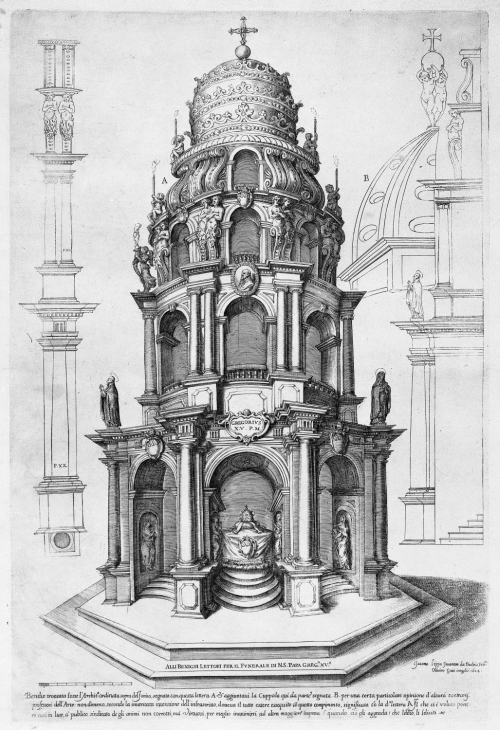 GIACOMO LIPPI DA BUDRIO (Budrio 1577 – Bologna 1640) e OLIVIERO GATTI (Piacenza 1579 ca. – (?)) Catafalco per le esequie di Gregorio XV 1624